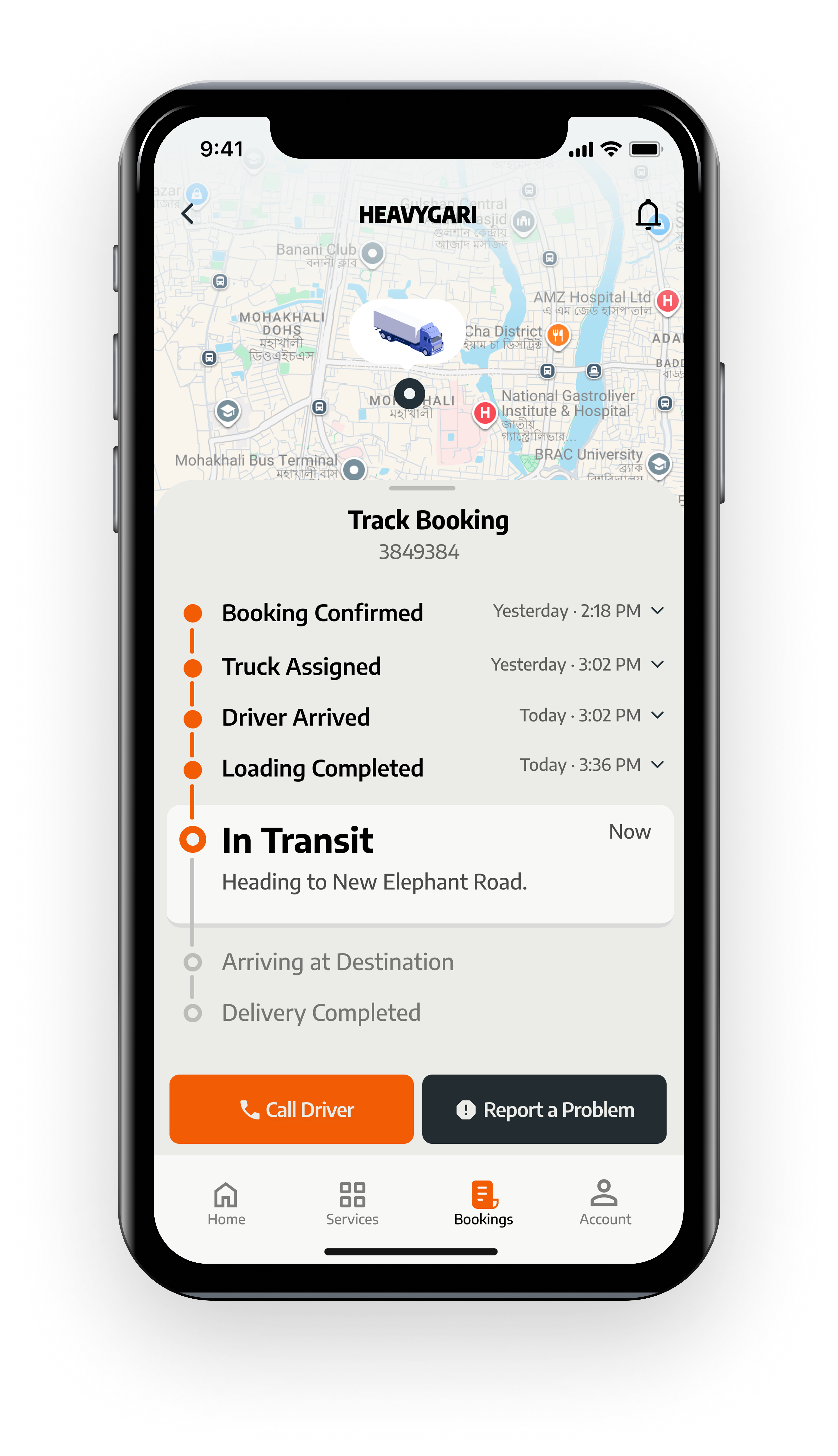 HeavyGari booking progression and tracking screen